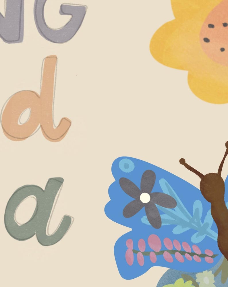 May include: Illustration with the word "good" in a whimsical font. A blue butterfly with floral details and a yellow flower are also featured on a cream background. The artwork has a soft, pastel color palette.