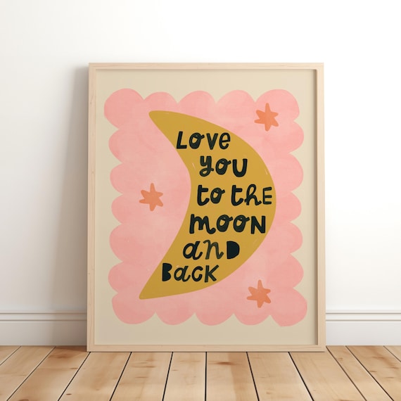 love you to the moon and back wall print for childrens bedroom or nursery, pastel wall decor, girls room, pink, watercolour illustration