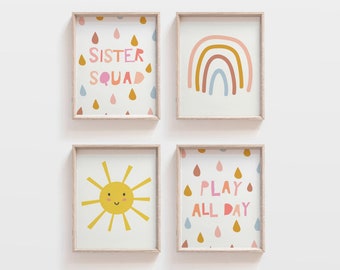 Kids Room Art, Nursery Wall Art Set of 4 Prints, Rainbow Lets Play All Day, Sister Squad, Children's Wall Art, Girls Print, Pastel Print Set