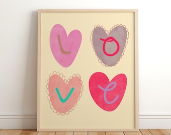Sztuka ścienna Love Heart, wydruk Love, wydruk do pokoju dziecięcego, sztuka do sypialni, ilustracja ścienna, sztuka ścienna do pokoju dziecięcego, wystrój pokoju dziecięcego w stylu boho, kolorowa bawialnia