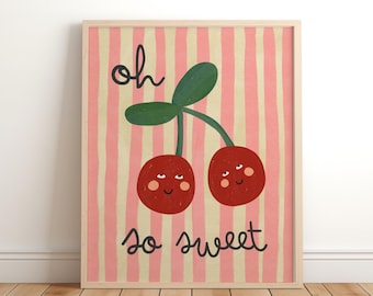 Oh So Sweet Cherry print roze kinderkamer kunst aan de muur, kinderfruit decor, schattige boho print, Cottage Core speelkamer decor, roze meisjesslaapkamer, meisjescadeau