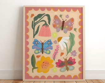 Butterflies and Flowers Print, Flower illustration, Floral, Eco, Nursery Art, Playroom, Kids Room, Art Print, Poster, Botanical, Colour Pop