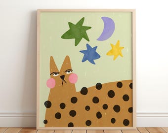leopard Nursery Print , Whimsical moon and stars Wall Art, Pastel Bunny Poster, jungle, safari Decor, Boho Print, Quirky Artwork, Kids room