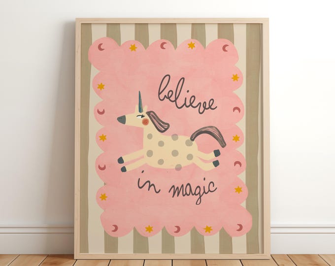 believe in magic hand drawn unicorn nursery wall art, Kids Room, Kids Art Prints, Fun Art Print, Colourful Wall Art, on trend, New baby girl