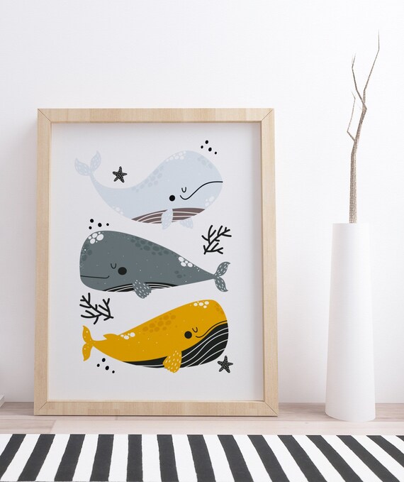 Kids Whale Art Print Nautical Whale Children S Print Blue Whale Yellow Blue Nursery Decor Ocean Print Boys Bedroom Art Kawaii Sale