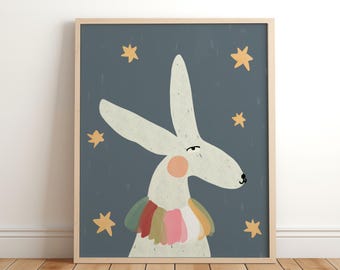 Bunny kwekerij print, grillige muurkunst, pastel konijn poster, decor meisjeskamer, boho print, eigenzinnige kunstwerken, kinderkamer kunst