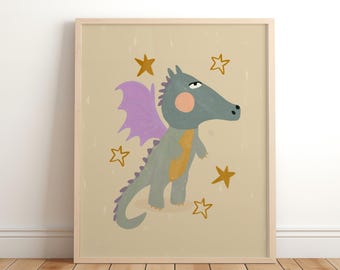 Dragon Print for Nursery or Playroom, Kids Dragon Wall Art, Cute Boho Illustration, Dragon Poster, Hand Painted, Cottagecore, Boho