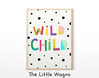 Wild Child Children's Wall Art, Girls Nursery Prints, Boys Bedroom, Colourful Nursery, Rainbow Decor, Retro Kids Wall Art, Playroom Art