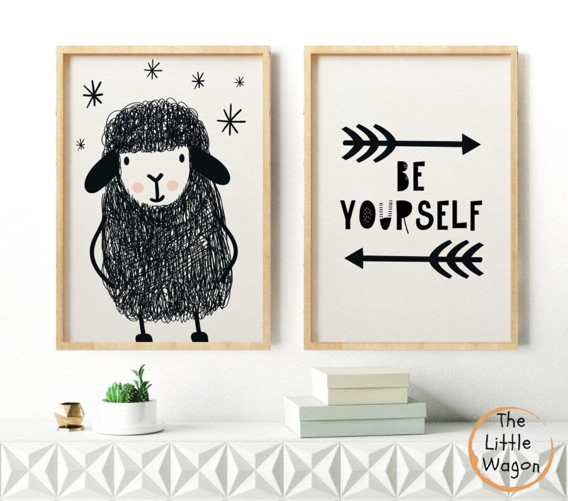 Sheep Nursery Wall Art Set of Two Prints Be Yourself Black Etsy UK