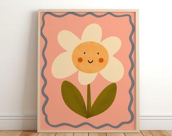 Smiley Flower Print, Watercolour Flower illustration, Eco, Nursery Art, Kids Room, Art Print, Gifts for Her kids Room, Colour Pop, Nursery