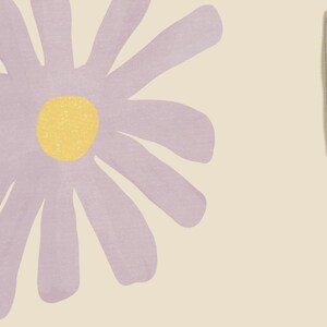 May include: A digital illustration featuring a large, stylized purple daisy with a yellow center. The flower is set against a cream-colored background. A small red shape is visible at the bottom, and a green shape is on the right.