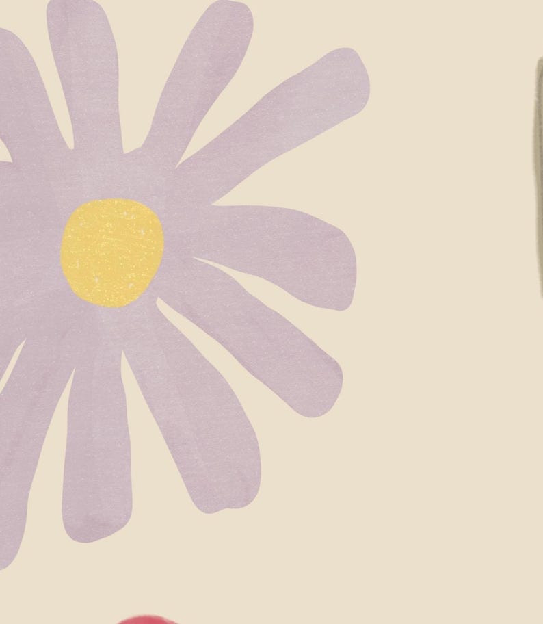 May include: A digital illustration featuring a large, stylized purple daisy with a yellow center. The flower is set against a cream-colored background. A small red shape is visible at the bottom, and a green shape is on the right.