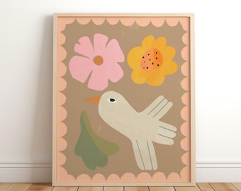 Bird and Flowers Print, Flower illustration, Wildflower Print, Pastel Flower, Girl Nursery Bedroom, Tween Art, Eco Nursery Art, Floral gift
