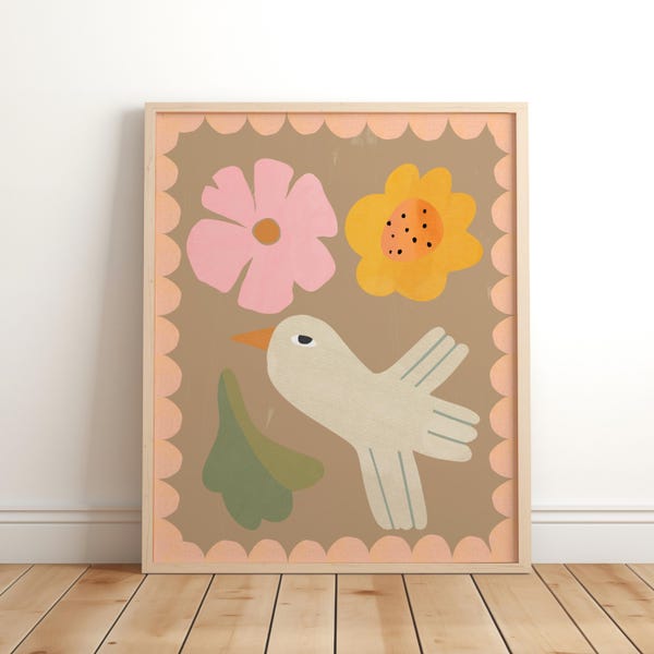 Fågel- och blomtryck, blomillustration, vildblomstryck, pastellblomma, flickbarnrum, tween-konst, ekologisk barnrumskonst, blomgåva