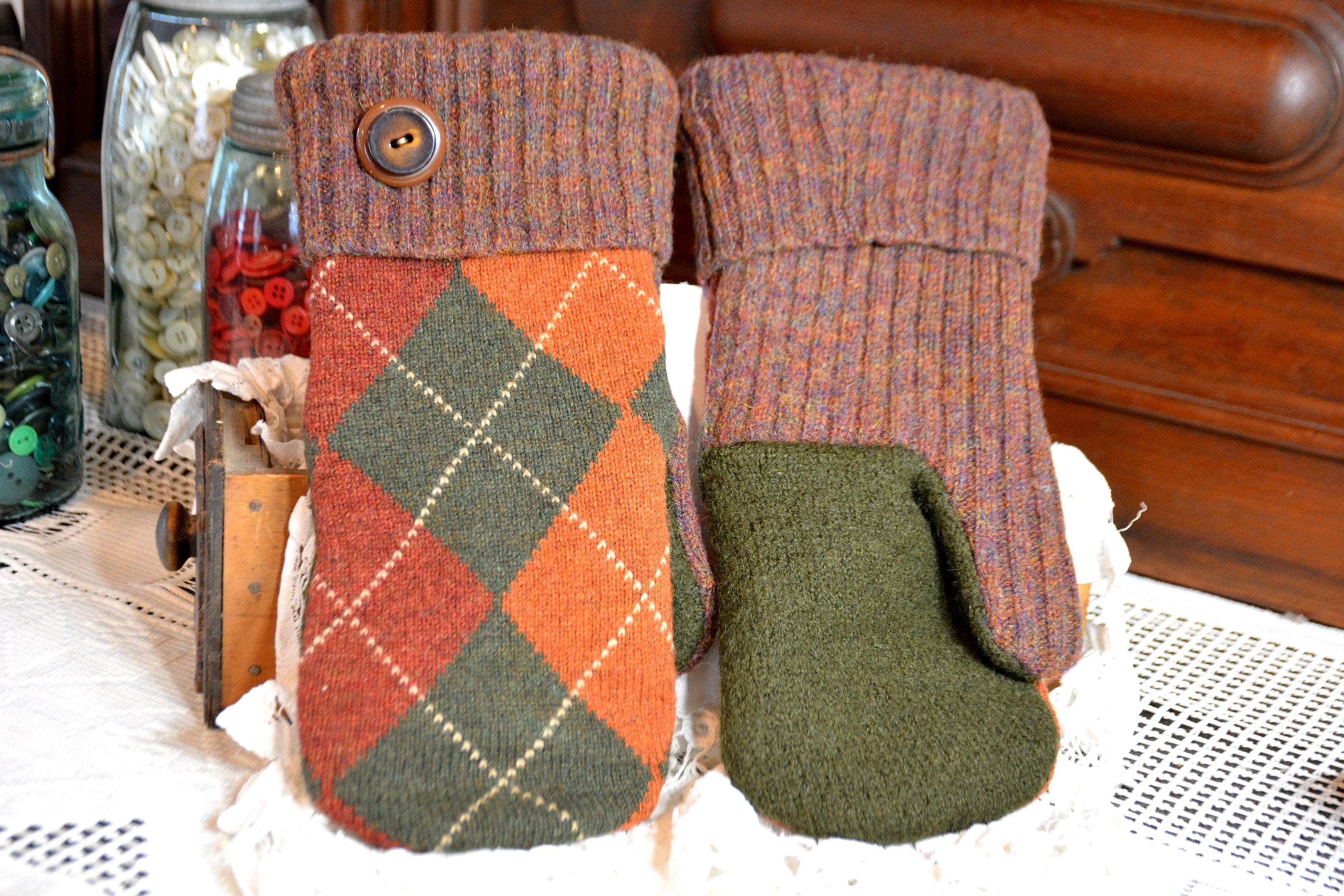 Vermont Mittens Upcycled sweater mittens warm fleece lined green and bronze argyle gift for him size XL