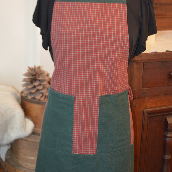 Upcycled shirt kitchen apron with crisscross back repurposed men's shirt red plaid and green flannel unisex gift with pockets and towel loop