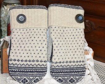 Vermont Sweater Mittens Upcycled felted wool mittens warm lined repurposed sweater mittens blue and gray mittens gift for him size XL