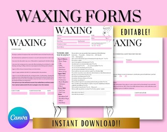 May include: Editable waxing forms with a pink background and a black and white illustration of a woman. The forms include a consent form, client treatment record, and a list of waxing services. The text "WAXING FORMS" is in large, bold letters at the top of the page.