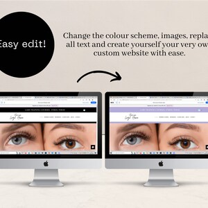 Op de afbeelding: Twee computerschermen die een website-mockup voor een wimpertraining tonen. De website heeft een paars-wit kleurenschema en toont een foto van twee vrouwenogen met wimperextensies. De tekst op de website luidt "Wimpertrainingen - Schrijf je vandaag nog in" en "Uw logo hier".