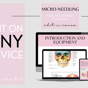 May include: A pink and white digital marketing graphic with the text "EDIT ON ANY DEVICE" and "Ravendigital". The graphic also includes a laptop, tablet, and phone displaying a digital manual titled "MICRO-NEEDLING: MAKE THIS MANUAL YOUR OWN, edit in canva, INTRODUCTION AND EQUIPMENT".