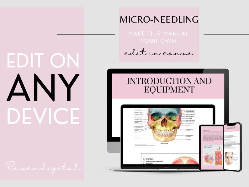 May include: A pink and white digital marketing graphic with the text "EDIT ON ANY DEVICE" and "Ravendigital". The graphic also includes a laptop, tablet, and phone displaying a digital manual titled "MICRO-NEEDLING: MAKE THIS MANUAL YOUR OWN, edit in canva, INTRODUCTION AND EQUIPMENT".