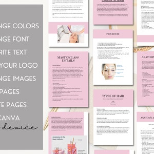 May include: A pink and white digital masterclass guide with the text "Masterclass Details" and "Procedure". The guide includes information on hair types, anatomy of the face, and anatomy and physiology. The guide also includes images of a woman's face with different facial features labelled.