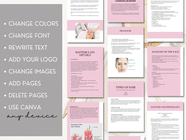 May include: A pink and white digital masterclass guide with the text "Masterclass Details" and "Procedure". The guide includes information on hair types, anatomy of the face, and anatomy and physiology. The guide also includes images of a woman's face with different facial features labelled.