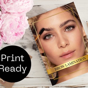 May include: A print-ready notebook cover design featuring a woman with a golden frame around her face. The text "BROW LAMINATION" is in a gold banner at the bottom of the cover.