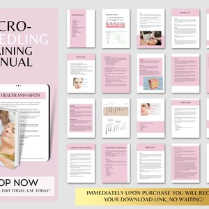 May include: A pink and white digital training manual for micro-needling. The cover of the manual features the text "MICRO-NEEDLING TRAINING MANUAL" and a tablet displaying the text "HEALTH AND SAFETY". The manual is available for immediate download.