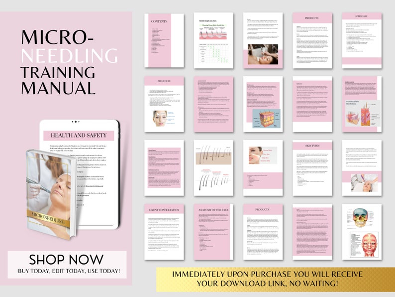 May include: A pink and white digital training manual for micro-needling. The cover of the manual features the text "MICRO-NEEDLING TRAINING MANUAL" and a tablet displaying the text "HEALTH AND SAFETY". The manual is available for immediate download.