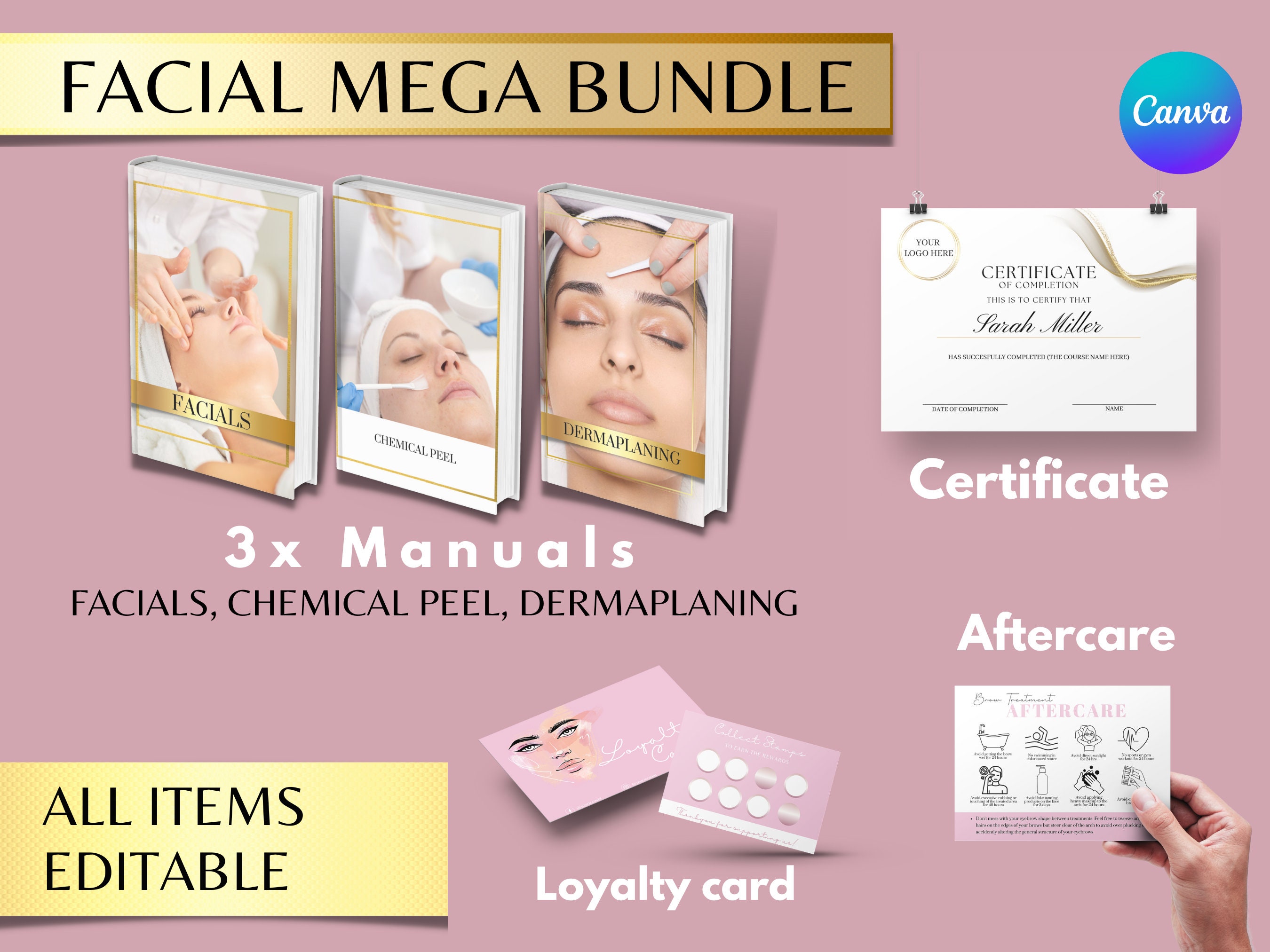Facial Training Manual bundle, fully editable in Canva. Print Ready!!