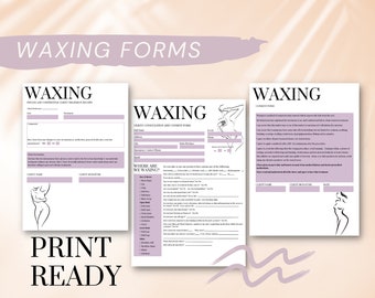May include: Three printable forms for waxing services. The forms are titled "Waxing" and include sections for client information, consent, and consultation. The forms feature a line drawing of a woman's body.