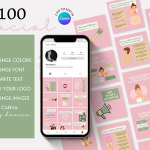 May include: A pink and green graphic design template for social media posts about skincare. The template includes text such as "Microneedling at home?", "SPF is not seasonal", and "How your skin changes during your cycle".