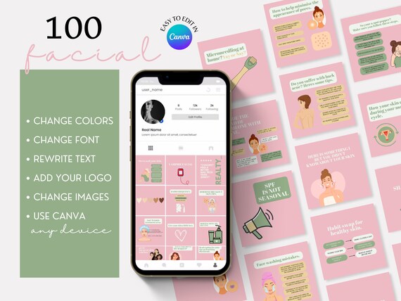 Esthetician Instagram Templates: Skincare Canva Templates (100 Posts)