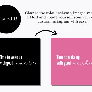 May include: Two Instagram post templates with the text "Time to wake up with good nails" in white text on a black background and a pink background.