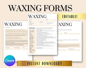 May include: Editable waxing forms with a client intake form, a treatment record, and a consent form. The forms include sections for client information, treatment details, and consent to treatment.