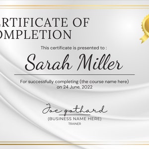 May include: A white certificate of completion with a gold seal and ribbon. The certificate is presented to Sarah Miller for successfully completing a course on June 24, 2022. The certificate is signed by Joe Gothard, Trainer.