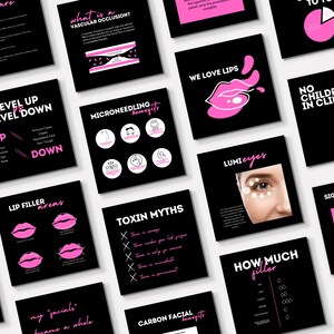 Könnte beinhalten: Eine Sammlung von schwarzen und pinken Instagram-Story-Grafiken für eine Schönheitsklinik. Die Grafiken enthalten Text wie "Bevel Up Bevel Down", "Lip Filler Areas", "Microneedling Benefits", "We Love Lips", "Lumi Eyes", "How Much Filler", "No Children in Clinic", "Turn Up On Time", "Toxin Myths", "Carbon Facial Benefits", "What is a Vascular Occlusion", "Signs That You Have an Occlusion", and "Post Care".