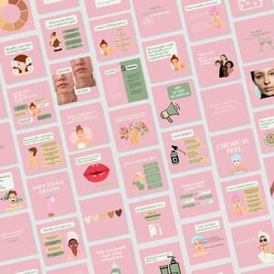 May include: A pink and green illustrated infographic with text about skincare. The infographic includes topics such as types of moisturizers, identifying skin-picking triggers, causes of large pores, and chemical peels. The infographic also includes text about SPF, soft tissue fillers, and the benefits of retinol.