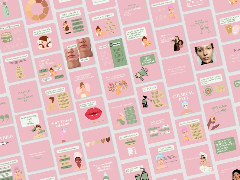 May include: A pink and green illustrated infographic with text about skincare. The infographic includes topics such as types of moisturizers, identifying skin-picking triggers, causes of large pores, and chemical peels. The infographic also includes text about SPF, soft tissue fillers, and the benefits of retinol.