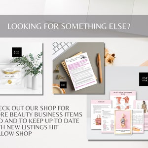 May include: A collage of images featuring beauty business items, including a certificate, a notebook with a pink cover, and anatomical illustrations of the human body. The text "CHECK OUT OUR SHOP FOR MORE BEAUTY BUSINESS ITEMS AND AND TO KEEP UP TO DATE WITH NEW LISTINGS HIT FOLLOW SHOP" is displayed at the bottom of the image.