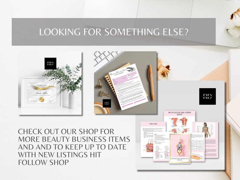May include: A collage of images featuring beauty business items, including a certificate, a notebook with a pink cover, and anatomical illustrations of the human body. The text "CHECK OUT OUR SHOP FOR MORE BEAUTY BUSINESS ITEMS AND AND TO KEEP UP TO DATE WITH NEW LISTINGS HIT FOLLOW SHOP" is displayed at the bottom of the image.