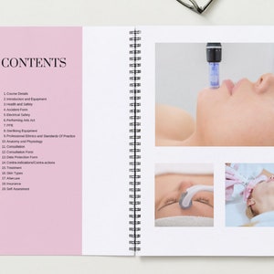 May include: A book with a pink cover and the word "CONTENTS" in black text. The book has a spiral binding and is open to a page with a list of topics related to beauty treatments. The page also includes images of a person receiving a facial treatment.