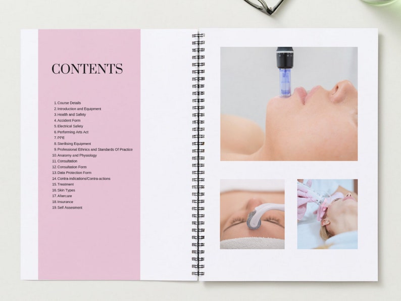 May include: A book with a pink cover and the word "CONTENTS" in black text. The book has a spiral binding and is open to a page with a list of topics related to beauty treatments. The page also includes images of a person receiving a facial treatment.