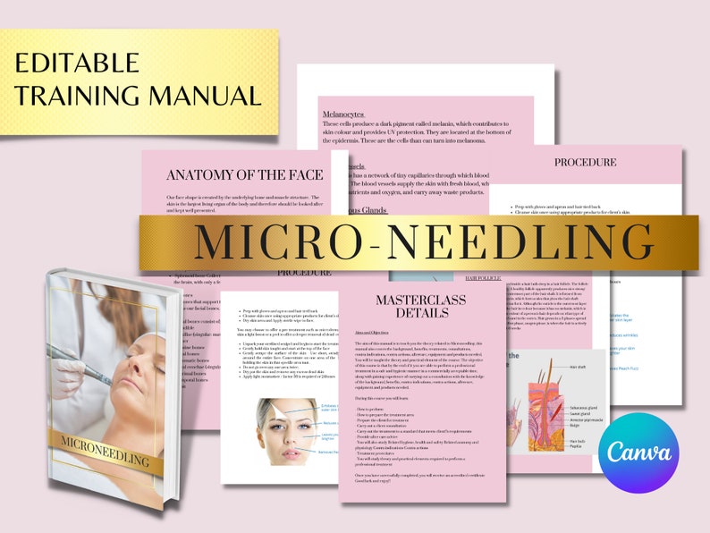 May include: A training manual for micro-needling with a gold and white cover. The manual includes information on the anatomy of the face, a procedure for micro-needling, and a masterclass details section. The cover features the text "MICRO-NEEDLING" in a gold and white font.