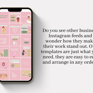 May include: A pink and white phone screen displaying a grid of 12 Instagram post templates. Each template features a pink background with white text and illustrations. The text includes phrases like "Medicated Skincare", "Soft Tissue Fillers", and "Eat, Sleep, Skincare, Repeat".