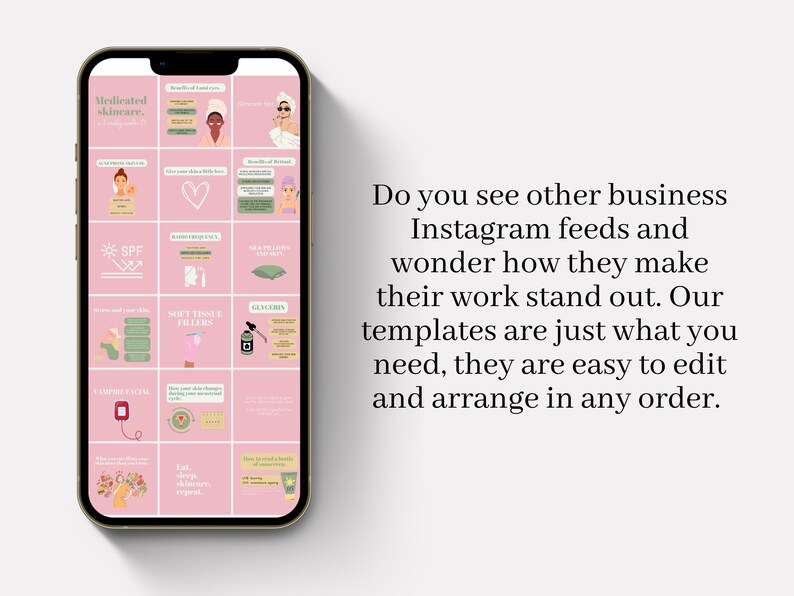 May include: A pink and white phone screen displaying a grid of 12 Instagram post templates. Each template features a pink background with white text and illustrations. The text includes phrases like "Medicated Skincare", "Soft Tissue Fillers", and "Eat, Sleep, Skincare, Repeat".