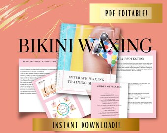 Puede incluir: Una descarga digital para un manual de capacitación de depilación de bikini. La portada presenta a una mujer con un bikini colorido y gafas de sol en una playa. El manual incluye información sobre la depilación brasileña con una tira de aterrizaje, capacitación de depilación íntima y un orden de depilación.