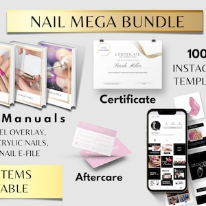 May include: A digital product bundle for nail technicians, featuring 100 Instagram templates, 3 manuals for gel overlay, acrylic nails, and nail e-file, and a certificate template. The bundle is editable and includes an aftercare guide.