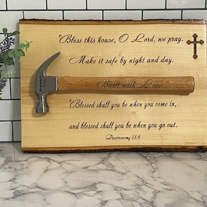 Bless This House Plaque W/Hammer-Beautifully laser engraved natural wood with a religious bible verse great for House Warming/Wedding gift